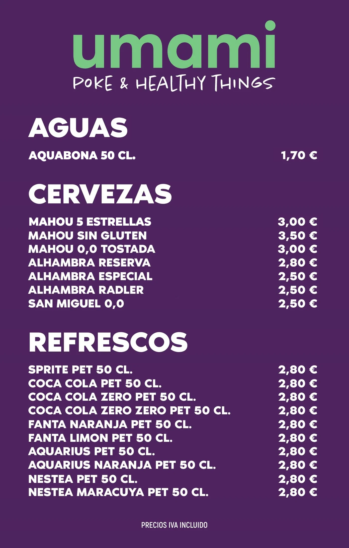 Carta de Umami, bebidas: agua, cervezas y refrescos
